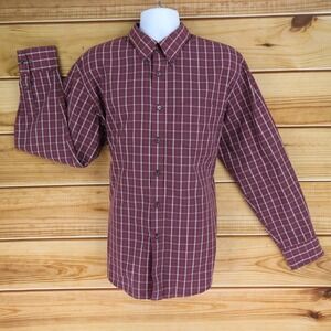 DOCKERS Dress Shirt Button Down Collar Mens Size XL 17/17.5 Maroon White Checks